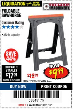 Harbor Freight Coupon FOLDABLE SAWHORSE Lot No. 60710/61979 Expired: 10/31/19 - $9.99