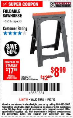 Harbor Freight Coupon FOLDABLE SAWHORSE Lot No. 60710/61979 Expired: 11/17/19 - $8.99