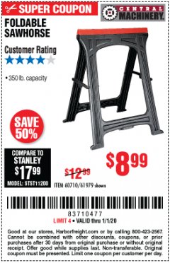 Harbor Freight Coupon FOLDABLE SAWHORSE Lot No. 60710/61979 Expired: 1/1/20 - $8.99