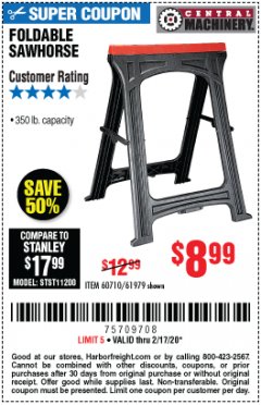 Harbor Freight Coupon FOLDABLE SAWHORSE Lot No. 60710/61979 Expired: 2/17/20 - $8.99