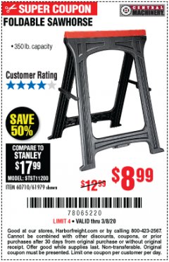 Harbor Freight Coupon FOLDABLE SAWHORSE Lot No. 60710/61979 Expired: 3/8/20 - $8.99