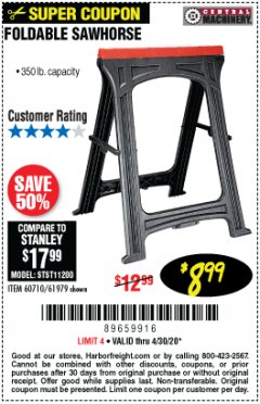 Harbor Freight Coupon FOLDABLE SAWHORSE Lot No. 60710/61979 Expired: 6/30/20 - $8.99