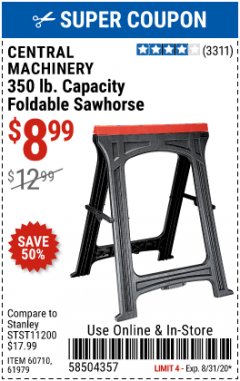 Harbor Freight Coupon FOLDABLE SAWHORSE Lot No. 60710/61979 Expired: 8/31/20 - $8.99