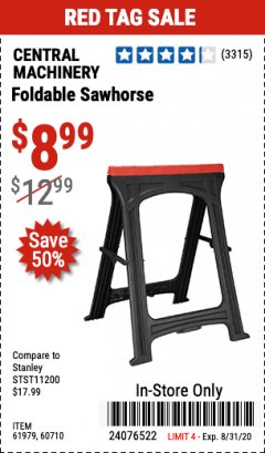 Harbor Freight Coupon FOLDABLE SAWHORSE Lot No. 60710/61979 Expired: 8/31/20 - $8.99