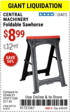 Harbor Freight Coupon FOLDABLE SAWHORSE Lot No. 60710/61979 Expired: 9/30/20 - $8.99
