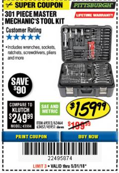 Harbor Freight Coupon 301 PIECE MASTER MECHANIC'S TOOL KIT Lot No. 63464/63457/45951 Expired: 5/31/18 - $159.99