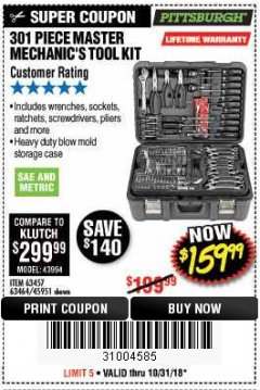Harbor Freight Coupon 301 PIECE MASTER MECHANIC'S TOOL KIT Lot No. 63464/63457/45951 Expired: 10/31/18 - $159.99