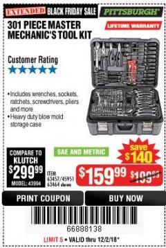 Harbor Freight Coupon 301 PIECE MASTER MECHANIC'S TOOL KIT Lot No. 63464/63457/45951 Expired: 12/2/18 - $159.99