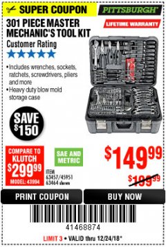 Harbor Freight Coupon 301 PIECE MASTER MECHANIC'S TOOL KIT Lot No. 63464/63457/45951 Expired: 12/24/18 - $149.99