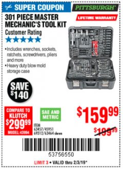 Harbor Freight Coupon 301 PIECE MASTER MECHANIC'S TOOL KIT Lot No. 63464/63457/45951 Expired: 2/3/19 - $159.99