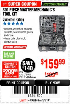 Harbor Freight Coupon 301 PIECE MASTER MECHANIC'S TOOL KIT Lot No. 63464/63457/45951 Expired: 3/3/19 - $159.99