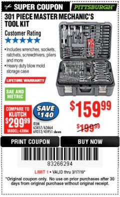 Harbor Freight Coupon 301 PIECE MASTER MECHANIC'S TOOL KIT Lot No. 63464/63457/45951 Expired: 3/17/19 - $159.99