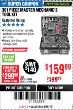 Harbor Freight Coupon 301 PIECE MASTER MECHANIC'S TOOL KIT Lot No. 63464/63457/45951 Expired: 5/26/19 - $159.99