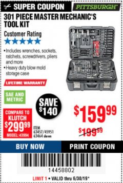 Harbor Freight Coupon 301 PIECE MASTER MECHANIC'S TOOL KIT Lot No. 63464/63457/45951 Expired: 6/30/19 - $159.99