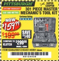 Harbor Freight Coupon 301 PIECE MASTER MECHANIC'S TOOL KIT Lot No. 63464/63457/45951 Expired: 10/1/19 - $159.99