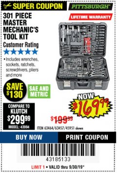 Harbor Freight Coupon 301 PIECE MASTER MECHANIC'S TOOL KIT Lot No. 63464/63457/45951 Expired: 9/30/19 - $1.69