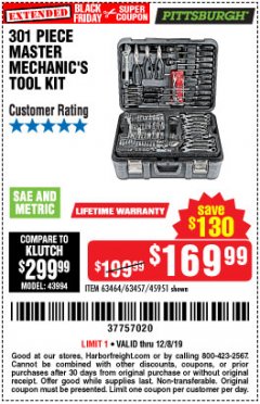 Harbor Freight Coupon 301 PIECE MASTER MECHANIC'S TOOL KIT Lot No. 63464/63457/45951 Expired: 12/8/19 - $169.99