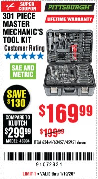 Harbor Freight Coupon 301 PIECE MASTER MECHANIC'S TOOL KIT Lot No. 63464/63457/45951 Expired: 1/19/20 - $169.99