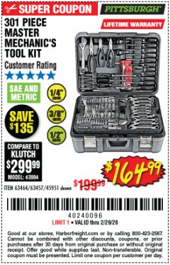 Harbor Freight Coupon 301 PIECE MASTER MECHANIC'S TOOL KIT Lot No. 63464/63457/45951 Expired: 2/29/20 - $164.99