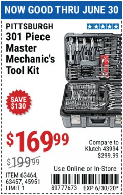 Harbor Freight Coupon 301 PIECE MASTER MECHANIC'S TOOL KIT Lot No. 63464/63457/45951 Expired: 6/30/20 - $169.99