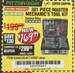 Harbor Freight Coupon 301 PIECE MASTER MECHANIC'S TOOL KIT Lot No. 63464/63457/45951 Expired: 7/1/20 - $169.99