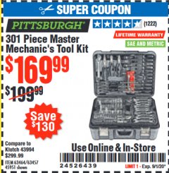 Harbor Freight Coupon 301 PIECE MASTER MECHANIC'S TOOL KIT Lot No. 63464/63457/45951 Expired: 9/1/20 - $169.99