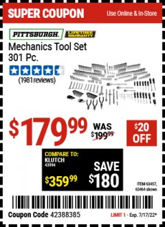 Harbor Freight Coupon 301 PIECE MASTER MECHANIC'S TOOL KIT Lot No. 63464/63457/45951 Expired: 7/17/22 - $179.99