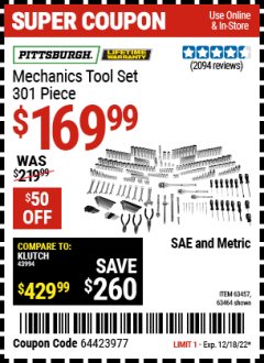 Harbor Freight Coupon 301 PIECE MASTER MECHANIC'S TOOL KIT Lot No. 63464/63457/45951 Expired: 12/18/22 - $169.99