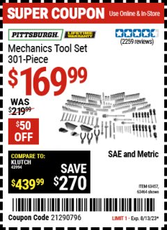 Harbor Freight Coupon 301 PIECE MASTER MECHANIC'S TOOL KIT Lot No. 63464/63457/45951 Expired: 8/13/23 - $169.99