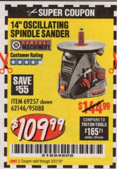 Harbor Freight Coupon 14" OSCILLATING SPINDLE SANDER Lot No. 69257/95088/62146 Expired: 3/31/19 - $109.99