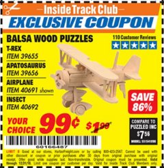Harbor Freight ITC Coupon BALSA WOOD PUZZLE - T-REX, APATOSAURUS, AIRPLANE, INSECT Lot No. 39655/39656/40691/40692 Expired: 12/31/18 - $0.99