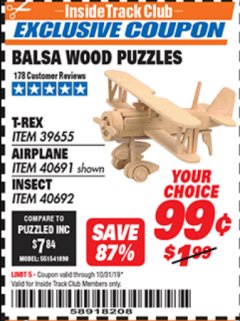Harbor Freight ITC Coupon BALSA WOOD PUZZLE - T-REX, APATOSAURUS, AIRPLANE, INSECT Lot No. 39655/39656/40691/40692 Expired: 10/31/19 - $0.99