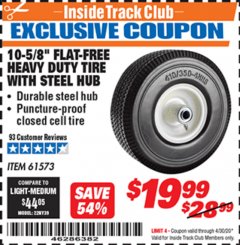 Harbor Freight ITC Coupon 10-5/8" FLAT-FREE HEAVY DUTY TIRE WITH STEEL HUB Lot No. 61573 Expired: 4/30/20 - $19.99