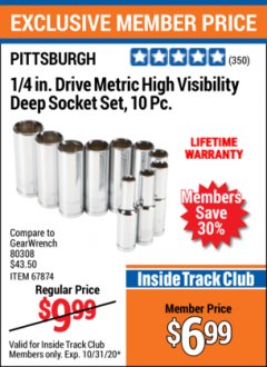 Harbor Freight ITC Coupon 10 PIECE 1/4" DRIVE HIGH VISIBILITY DEEP SOCKET SETS Lot No. 67876/61333/61345/67874 Expired: 10/31/20 - $6.99