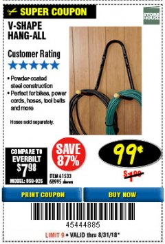 Harbor Freight Coupon V-SHAPE HANG-ALL Lot No. 38442/61430/61533/68995 Expired: 8/31/18 - $0.99
