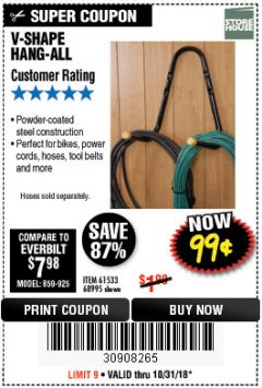 Harbor Freight Coupon V-SHAPE HANG-ALL Lot No. 38442/61430/61533/68995 Expired: 10/31/18 - $0.99