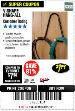 Harbor Freight Coupon V-SHAPE HANG-ALL Lot No. 38442/61430/61533/68995 Expired: 3/31/19 - $1.49