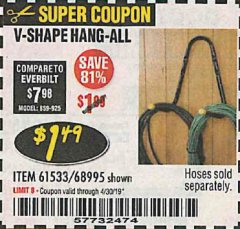 Harbor Freight Coupon V-SHAPE HANG-ALL Lot No. 38442/61430/61533/68995 Expired: 4/30/19 - $1.49