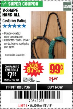 Harbor Freight Coupon V-SHAPE HANG-ALL Lot No. 38442/61430/61533/68995 Expired: 4/21/19 - $0.99