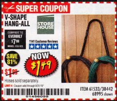Harbor Freight Coupon V-SHAPE HANG-ALL Lot No. 38442/61430/61533/68995 Expired: 8/31/19 - $1.49