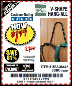 Harbor Freight Coupon V-SHAPE HANG-ALL Lot No. 38442/61430/61533/68995 Expired: 11/2/19 - $1.49
