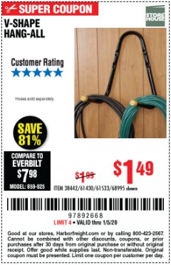 Harbor Freight Coupon V-SHAPE HANG-ALL Lot No. 38442/61430/61533/68995 Expired: 1/5/20 - $1.49