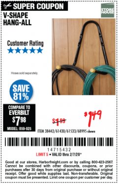 Harbor Freight Coupon V-SHAPE HANG-ALL Lot No. 38442/61430/61533/68995 Expired: 2/7/20 - $1.49