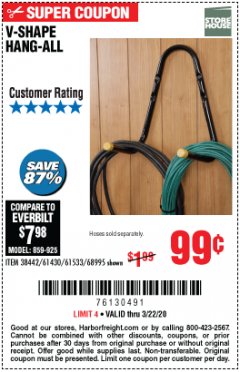 Harbor Freight Coupon V-SHAPE HANG-ALL Lot No. 38442/61430/61533/68995 Expired: 3/22/20 - $0.99