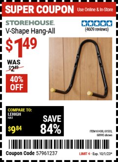 Harbor Freight Coupon V-SHAPE HANG-ALL Lot No. 38442/61430/61533/68995 Expired: 10/1/23 - $1.49