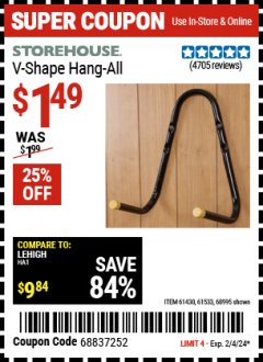 Harbor Freight Coupon V-SHAPE HANG-ALL Lot No. 38442/61430/61533/68995 Expired: 2/4/24 - $1.49