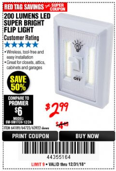 Harbor Freight Coupon LED SUPER BRIGHT FLIP LIGHT Lot No. 64723/63922/64189 Expired: 12/31/18 - $2.99