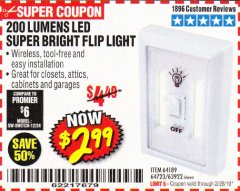Harbor Freight Coupon LED SUPER BRIGHT FLIP LIGHT Lot No. 64723/63922/64189 Expired: 2/28/19 - $2.99