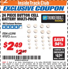 Harbor Freight ITC Coupon BUTTON CELL BATTERY MULTI-PACK PACK OF 24 Lot No. 63398/97072 Expired: 4/30/19 - $2.49
