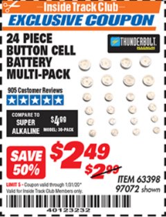 Harbor Freight ITC Coupon BUTTON CELL BATTERY MULTI-PACK PACK OF 24 Lot No. 63398/97072 Expired: 1/31/20 - $2.49